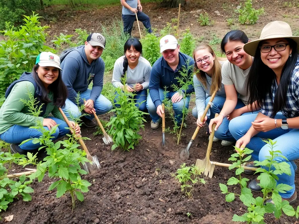 A group of volunteers participating in a bird habitat restoration project, planting native trees and shrubs in a designated area. The image should convey a sense of community involvement and environmental stewardship.