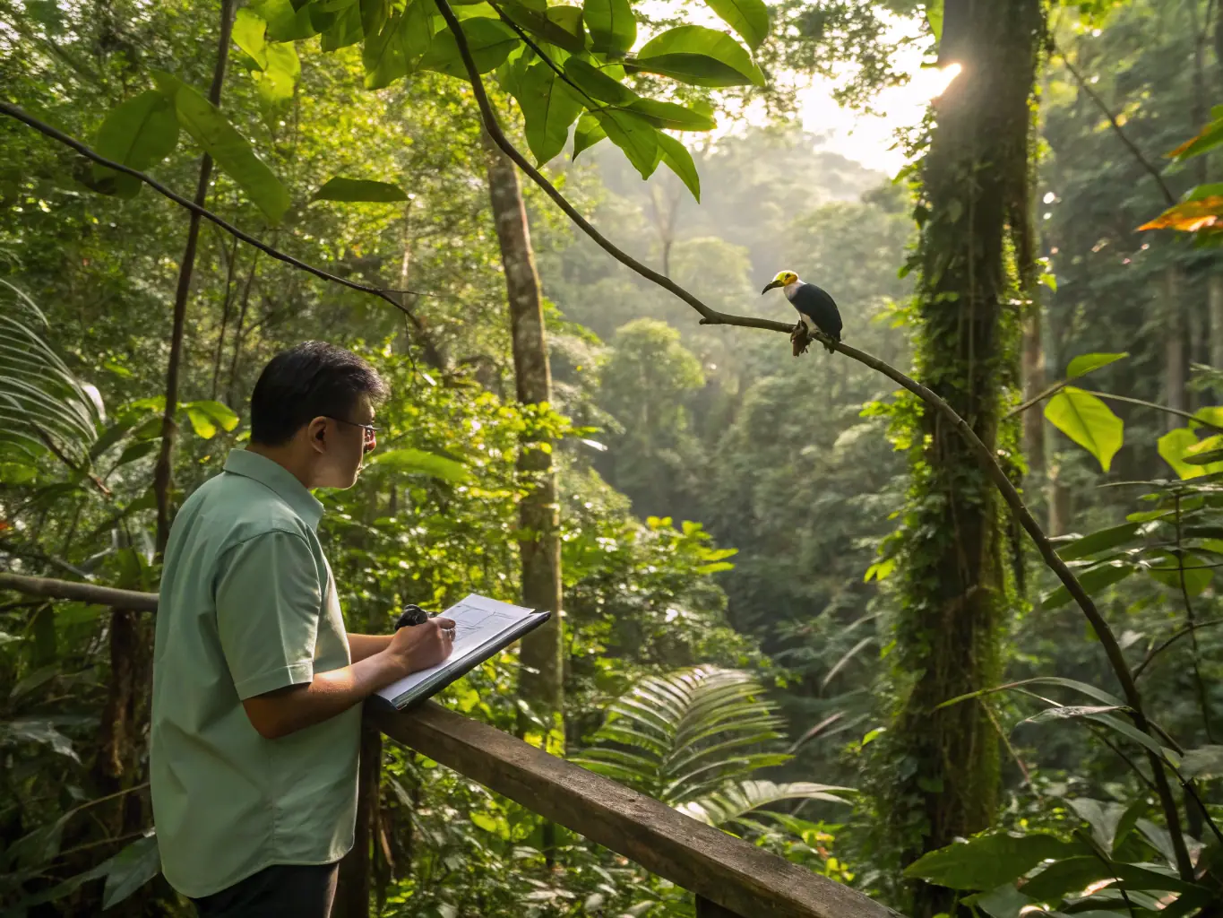 A photograph of researchers monitoring bird populations in a specific region, collecting data on species diversity, migration patterns, and overall health. The image should convey a sense of scientific rigor and dedication to conservation.