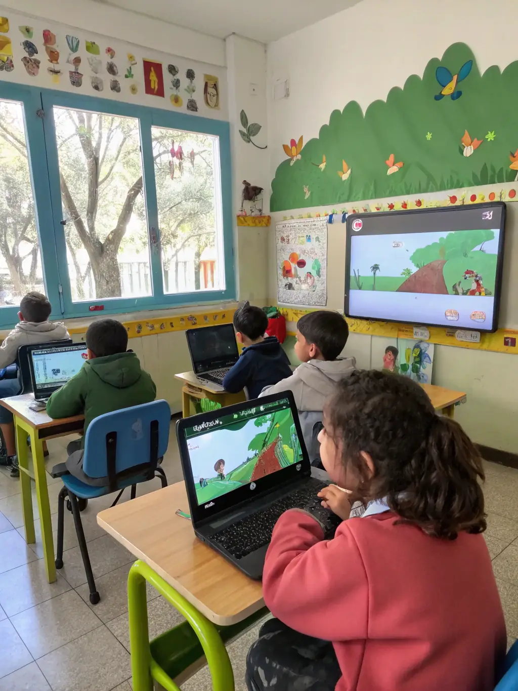 A photograph of a classroom setting where an instructor is teaching children about different bird species and their habitats.