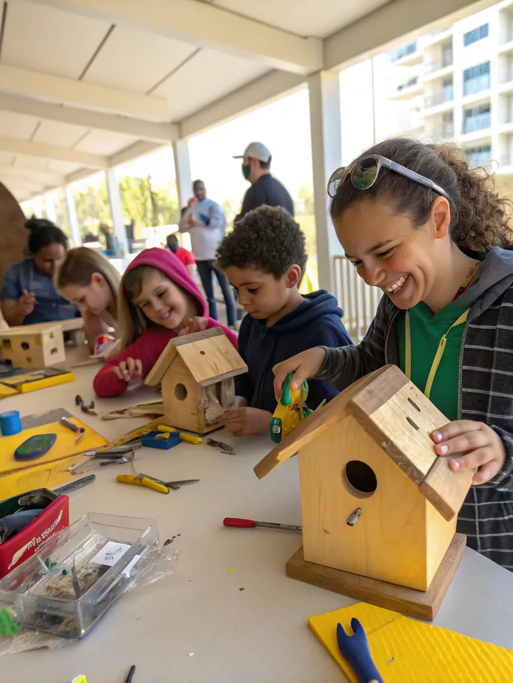 A photograph of volunteers constructing birdhouses in a community workshop, showcasing hands-on conservation efforts.