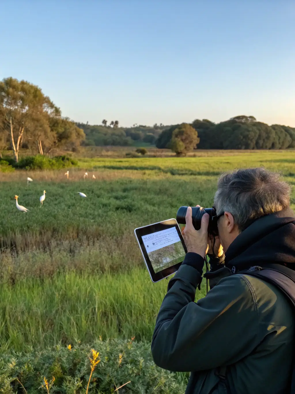 A photograph of researchers monitoring bird populations in a local agricultural area, emphasizing the link between farming and birdlife.